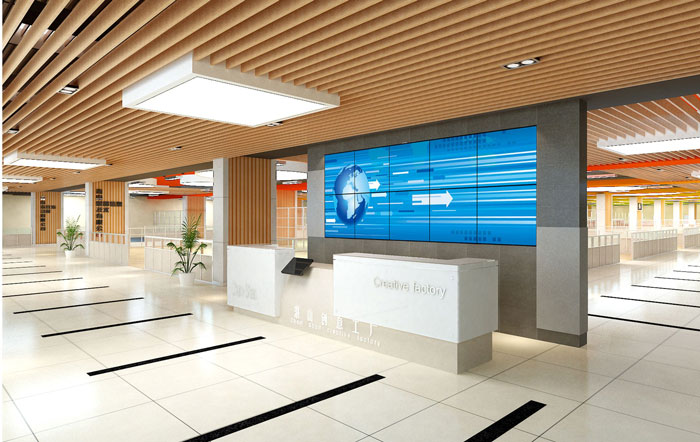 1500平方創意工廠辦公室前臺大廳裝修設計案例效果圖