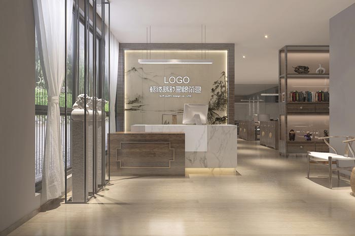 中式風格辦公室前臺裝修設計案例效果圖