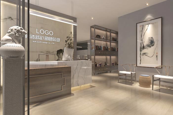 中式風格辦公室前臺接待裝修設計案例效果圖