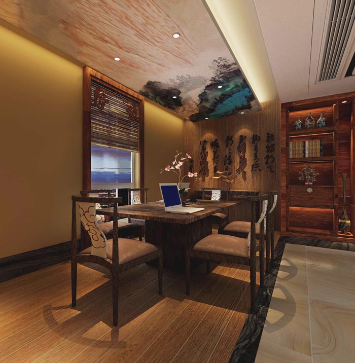 中式風格辦事處小型會議室裝修設計案例效果圖