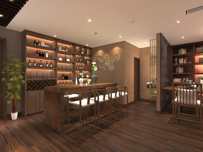 現代新中式風格辦公室吧臺區域裝修設計案例效果圖