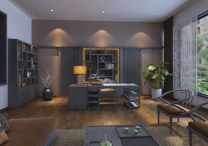 中式風格投資公司總經理辦公室裝修設計案例效果圖