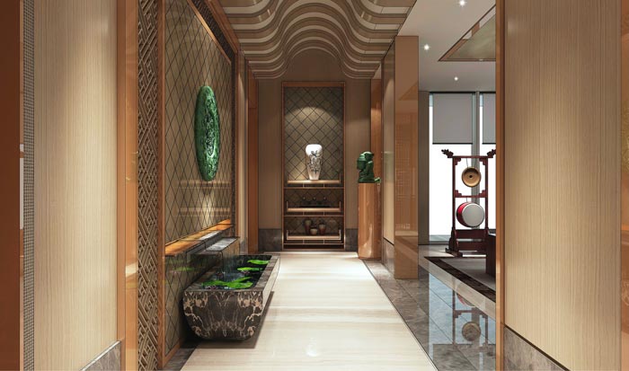 中式后現(xiàn)代風格辦公室進門區(qū)域裝修設計案例效果圖