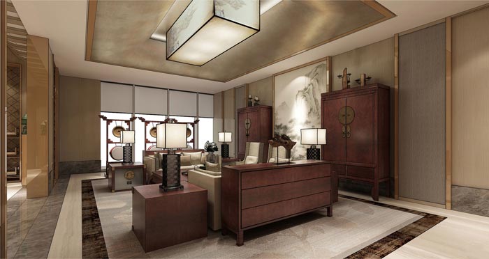 中式后現(xiàn)代風格辦公室接待區(qū)域裝修設計案例效果圖